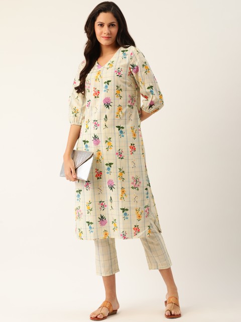 

Anouk Women Off-White & Blue Digital Printed Sustainable Kurta with Trousers