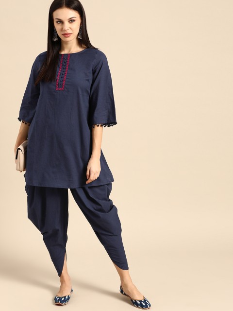 

Anouk Women Navy Blue Ethnic Motifs Regular Thread Work Pure Cotton Kurti with Dhoti Pants