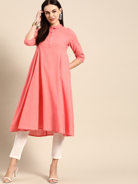 

Anouk Women Peach-Coloured & White Solid Cotton Kurta with Trousers