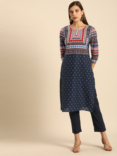 

Anouk Women Navy Blue & White Printed Kurta with Trousers