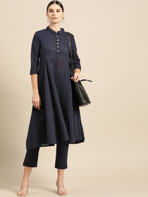 

Anouk Women Navy Blue Solid Pure Cotton Kurta with Trousers