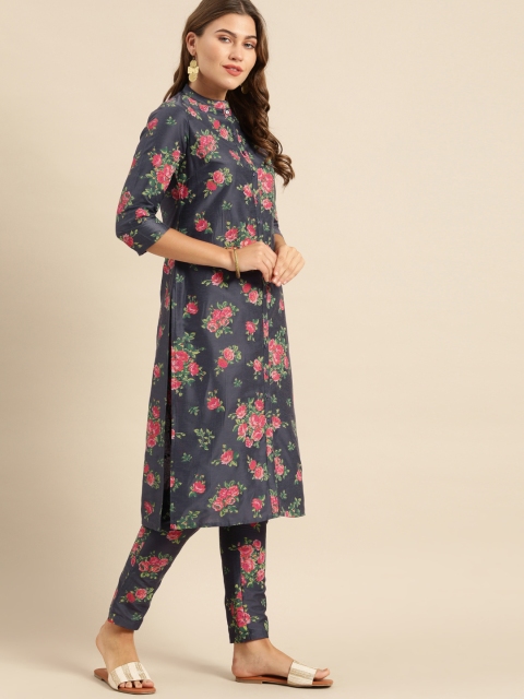 

Anouk Women Charcoal Grey & Pink Floral Printed Kurta with Trousers