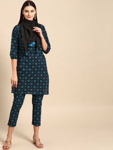 

Anouk Women Black & Teal Blue Pure Cotton Printed Kurta with Trousers & Scarf