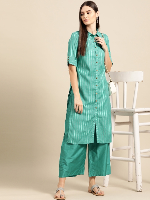 

Anouk Women Sea Green & White Striped Pure Cotton Kurta with Palazzos