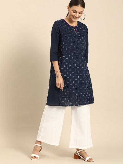 

Anouk Women Navy Blue & White Geometric Printed Keyhole Neck Kurta