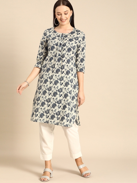 

Anouk Women White & Navy Blue Ethnic Motifs Printed Pleated Straight Cotton Kurta