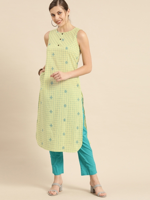 

Anouk Women Lime Green Checked Round Neck Sleeveless Pure Cotton Kurta