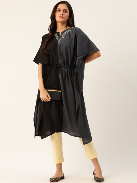 

Anouk Women Black & Charcoal Grey Colourblocked Flared Sleeves Thread Work Kaftan Kurta