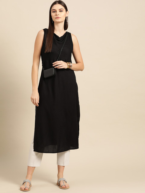 

Anouk Women Black Solid A-Line Shawl Neck Kurta