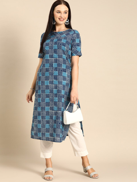 

Anouk Women Blue & White Checked Printed Straight Cotton Kurta