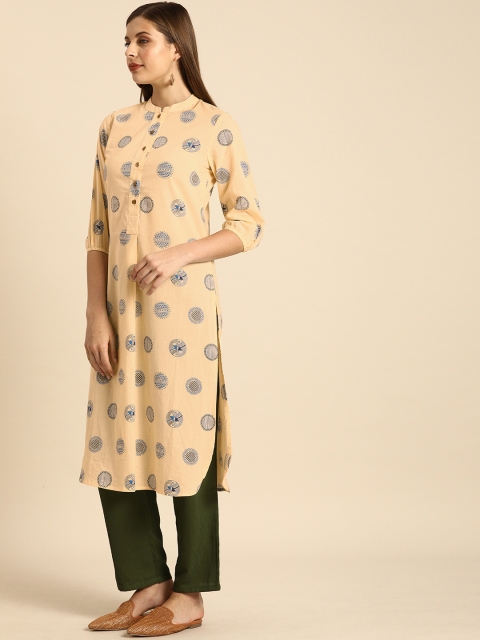 

Anouk Women Beige & Blue Ethnic Motifs Printed Pure Cotton Kurta