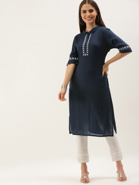 

Anouk Women Navy Blue & White Embroidered Kurta