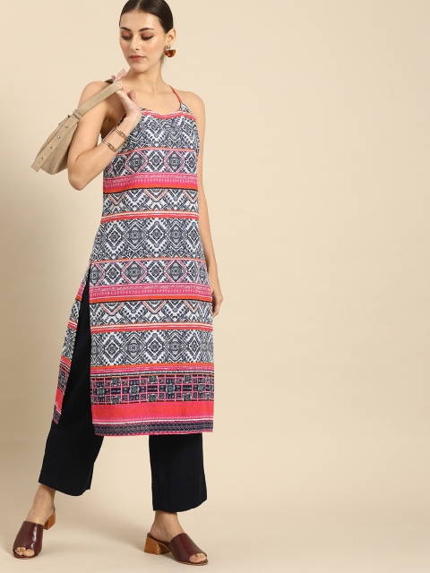 

Anouk Women Navy Blue & White Geometric Printed Kurta