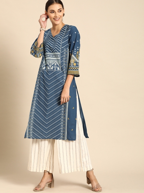 

Anouk Women Blue & White Ethnic Motifs Printed Pure Cotton Kurta