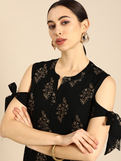 

Anouk Women Black & Gold-toned Floral Printed Cold-shoulder Sleeves Kurta