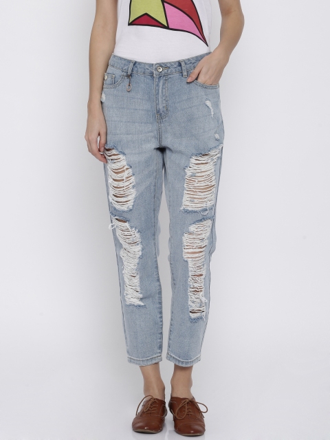 

ONLY Women Blue Boyfriend Fit Mid-Rise Highly Distressed Jeans