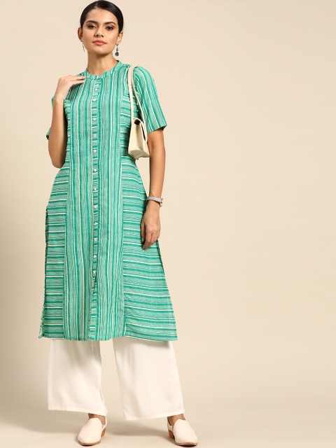 

Anouk Women Green & Off White Pure Cotton Striped A-Line Kurta