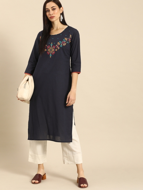 

Anouk Navy Blue Yoke Design Embroidered Kurta