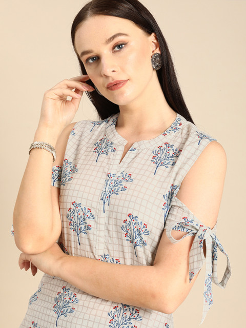 

Anouk Women Beige & White Floral Checked Cold-shoulder Sleeves Kurta