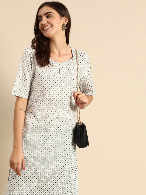 

Anouk Women White & Black Geometric Printed Keyhole Neck Kurta