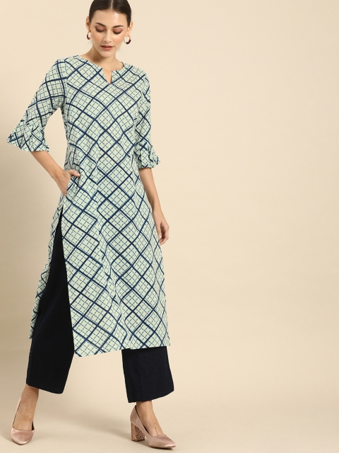 

Anouk Women White & Navy Blue Geometric Printed Bell Sleeves Kurta