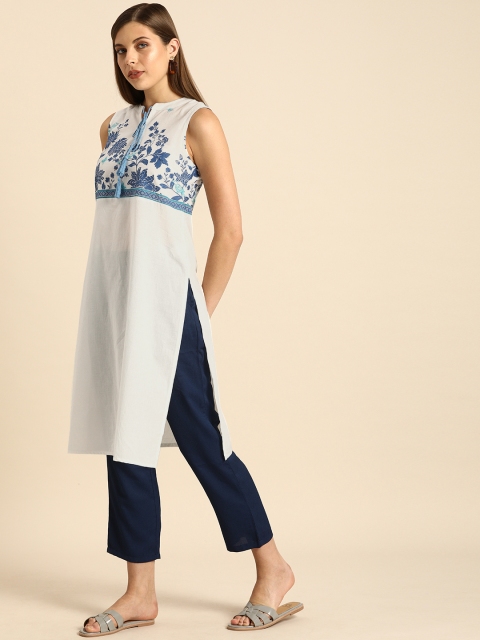 

Anouk Women White & Blue Floral Yoke Design Pure Cotton Kurta