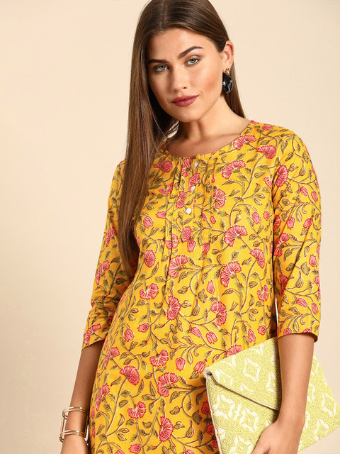

Anouk Women Mustard Yellow Printed Pure Cotton Kurta
