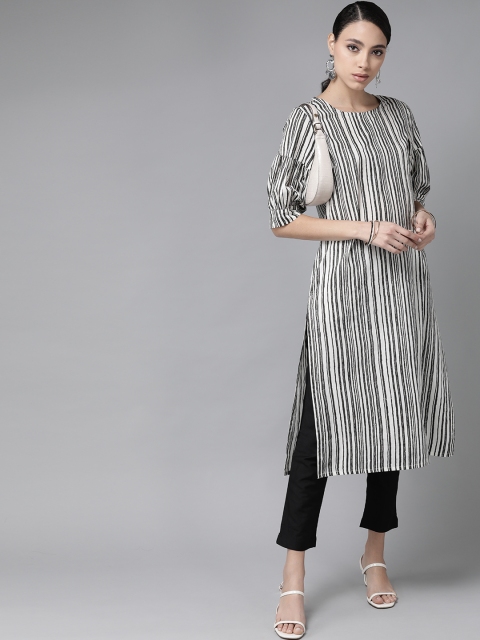

Anouk Women White & Black Striped Pure Cotton Straight Kurta