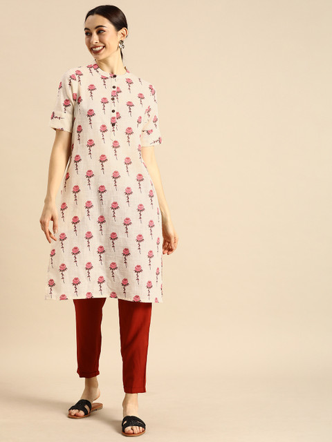 

Anouk Women Off White & Pink Floral Printed Kurta