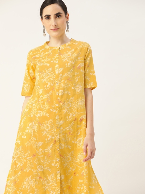 

Anouk Women Yellow & White Pure Cotton Ethnic Motifs Print A-line Kurta