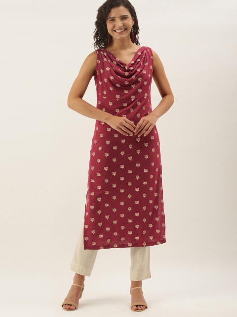 

Anouk Women Maroon & Off White Ethnic Motifs Printed Shawl Neck Knitted Kurta