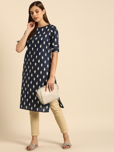 

Anouk Women Navy Blue & Off White Ethnic Motifs Printed Flared Sleeves Kurta