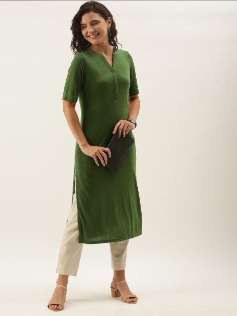 

Anouk Women Olive Green Solid Knitted Kurta