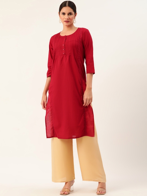 

Anouk Women Red Solid Cotton Pintucks Detail Straight Kurta