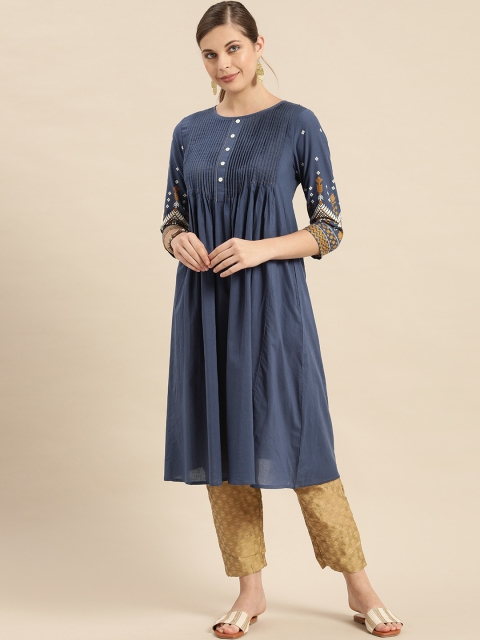 

Anouk Women Navy Blue Tribal Print Pintuck Pleated Round Neck Pure Cotton Kurta