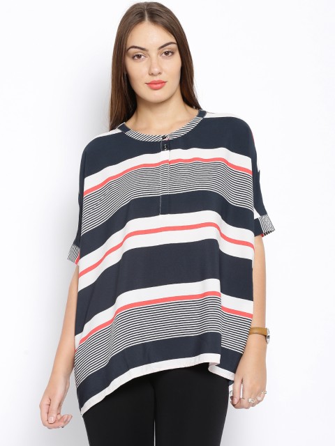 

ONLY White & Navy Striped Boxy Polyester Top