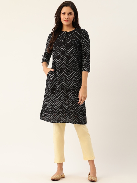 

Anouk Women Black & Off White Cotton Digital Printed Sustainable ECOVERO Kurta