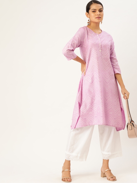 

Anouk Women Lavender & White Chevron Print Sustainable Asymmetric A-line Kurta