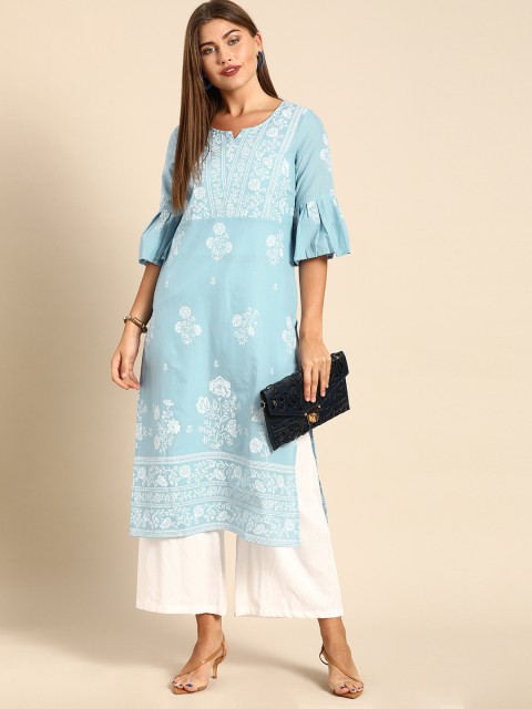 

Anouk Women Blue & White Floral Printed Bell Sleeves Pure Cotton Kurta