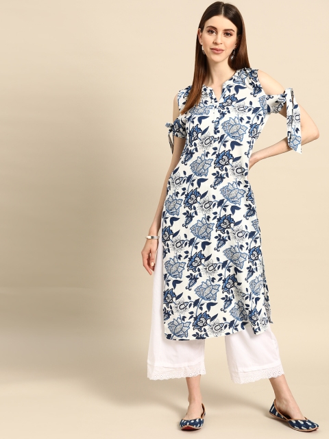 

Anouk Women White & Navy Blue Floral Printed Cold-shoulder Sleeves Kurta