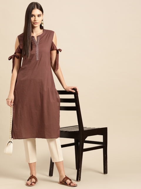 

Anouk Brown Solid Pure Cotton Cold-Shoulder Sleeves Thread Work Kurta