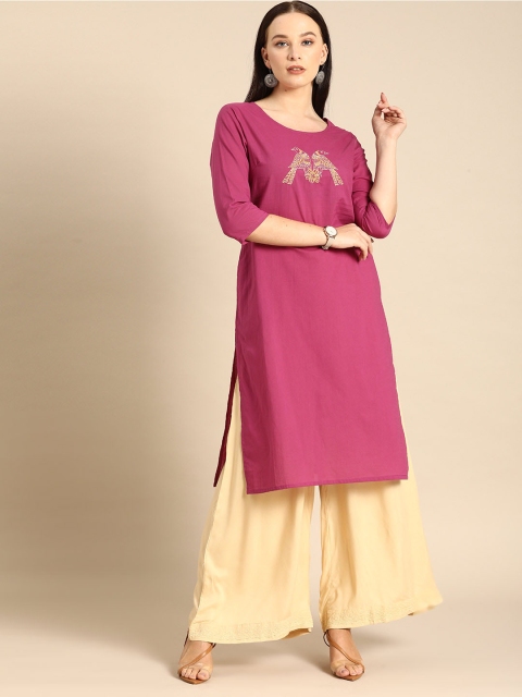 

Anouk Women Magenta & Mustard Yellow Pure Cotton Birds Embroidered Detail Straight Kurta