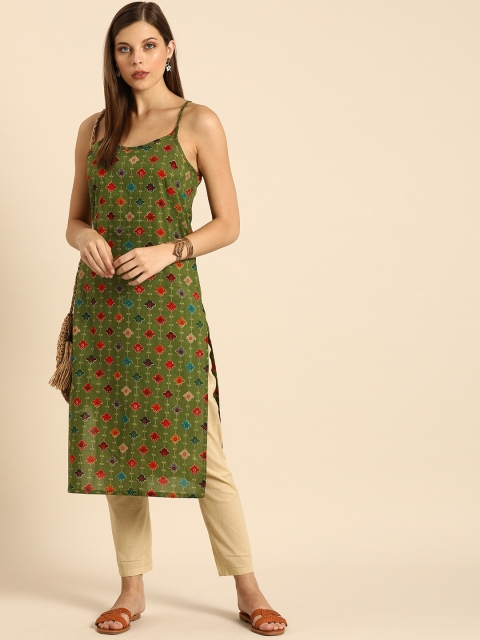 

Anouk Women Olive Green & Multicoloured Floral Printed Kurta