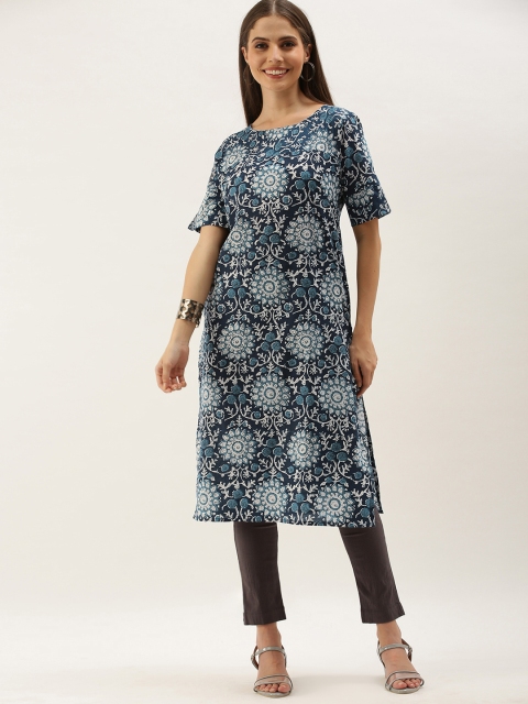 

Anouk Women Blue & White Floral Printed Flared Sleeves Kurta