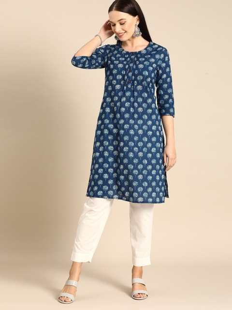 

Anouk Women Navy Blue & White Ethnic Motifs Print Pleated Straight Cotton Kurta