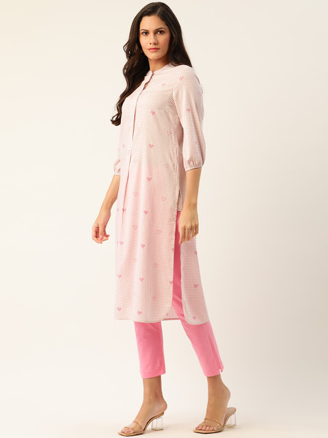 

Anouk Women Pink Cotton Checked Pastels Sustainable ECOVERO Kurta