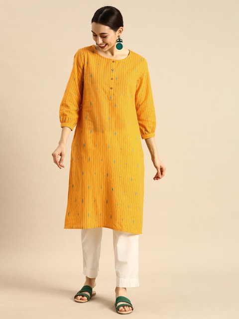 

Anouk Women Mustard Yellow & Black Striped Kurta With Woven Detailing
