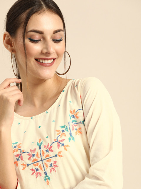 

Anouk Women Off White Floral Embroidered Thread Work Straight Kurta