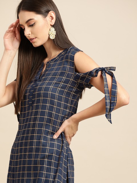 

Anouk Navy Blue & Golden Checked Pure Cotton Kurta with Tie-up detail