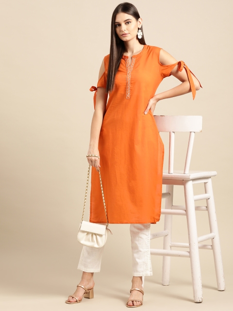 

Anouk Orange Solid Pure Cotton Cold-Shoulder Sleeves Thread Work Kurta with Tie-up detail